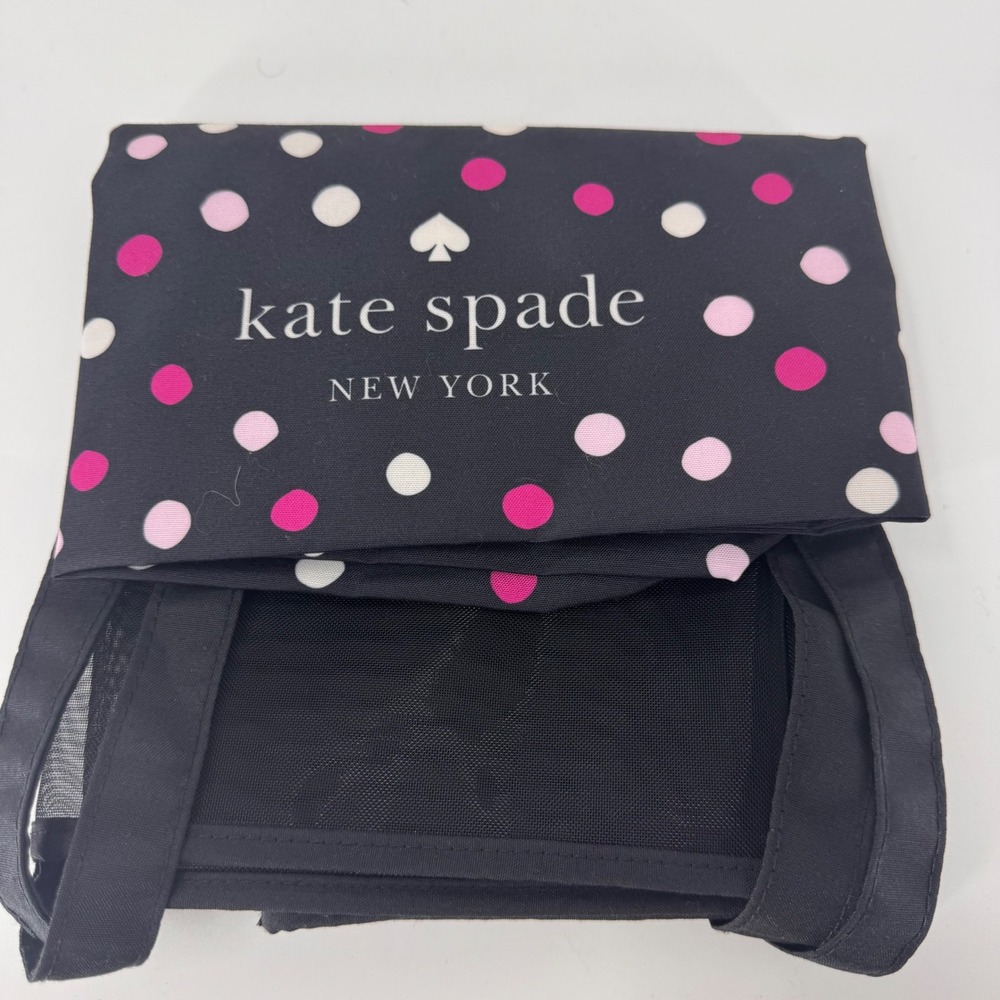 Kate Spade New York Mesh Tote Bag Black Pink Polka Dot Packable Beach Bag Large - Picture 7 of 9